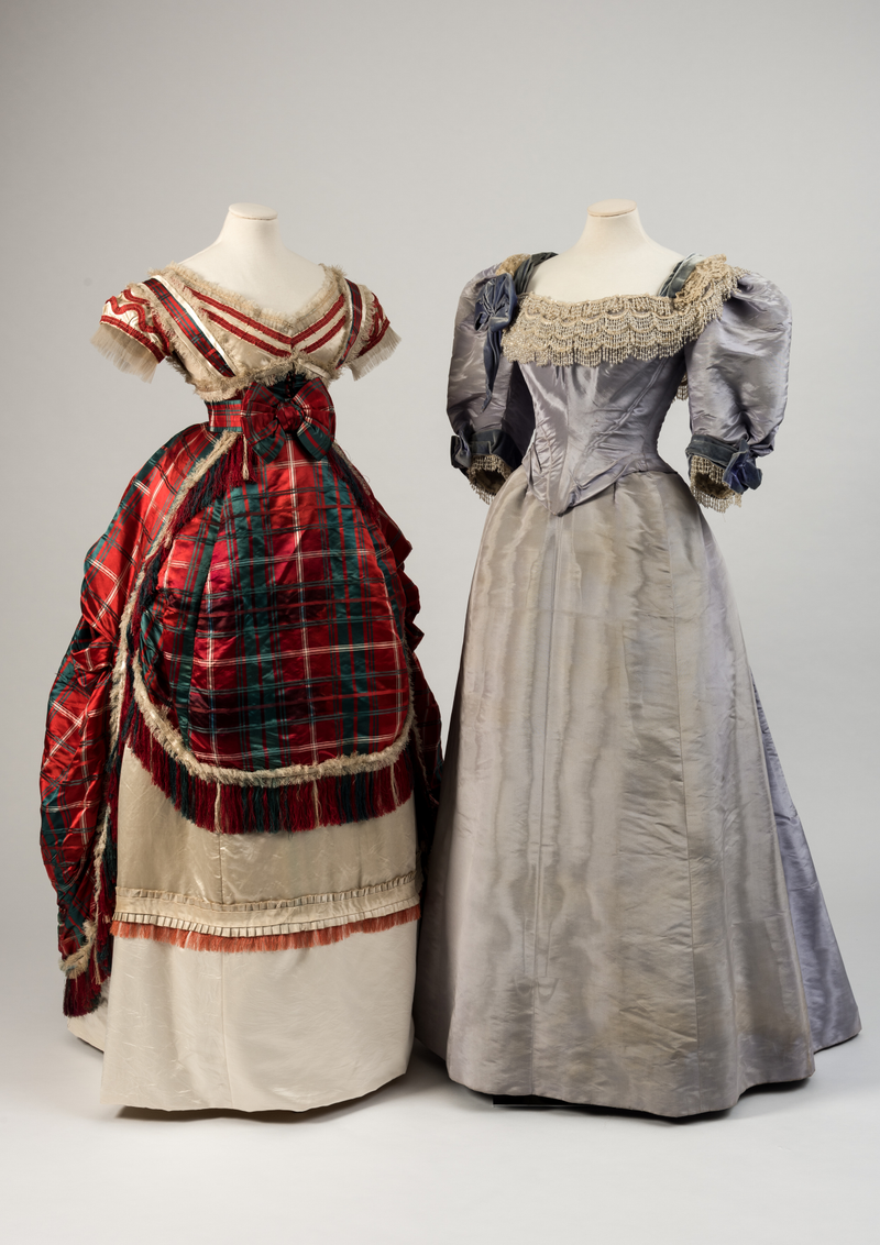 Evening dresses worn by Alexandra, then Princess of Wales; left, tartan silk by Madame Elise about 1870; right, lilac silk by Morin Blossier about 1893.